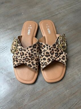 Anko leopard crisscross, slide sandals with gold buckle.
